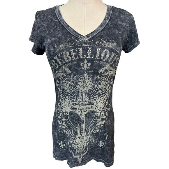 VINTAGE Y2K Women’s Small Whimsigoth Rhinestone Cross Roses Rebellious T Shirt - Picture 1 of 10